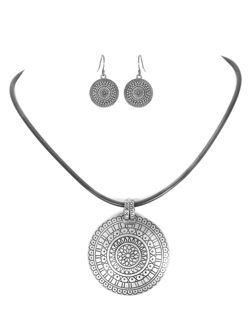 Oriental Design Silver Pendant with Black Leaterh Cord Necklace and Earrings Set