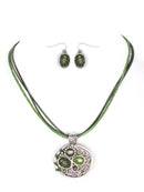 Fabulous Design Olive Stone with Silver Oval Shape Pendant with Waxed Cotton Cord Necklace and Earrings Set