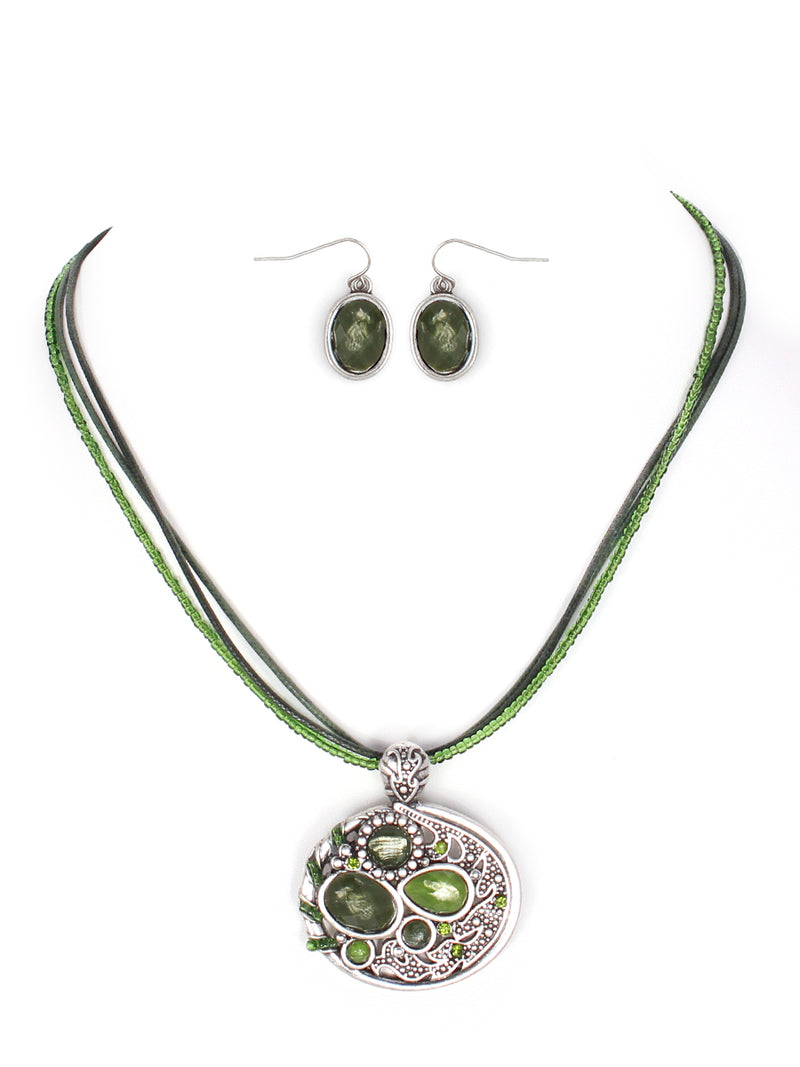 Fabulous Design Olive Stone with Silver Oval Shape Pendant with Waxed Cotton Cord Necklace and Earrings Set