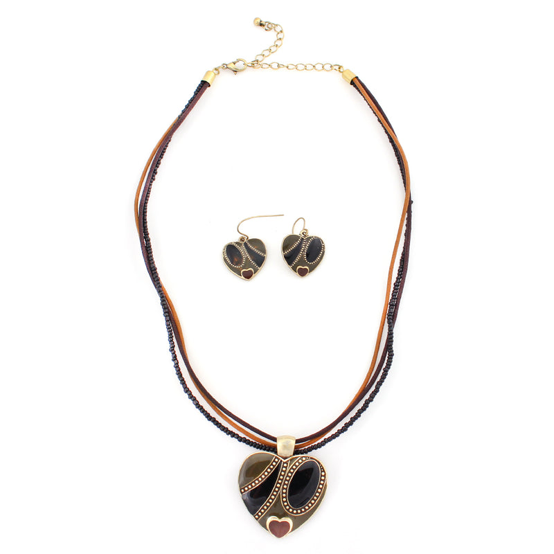 Gold Plated Black And Brown Heart Pendant Necklace Set
