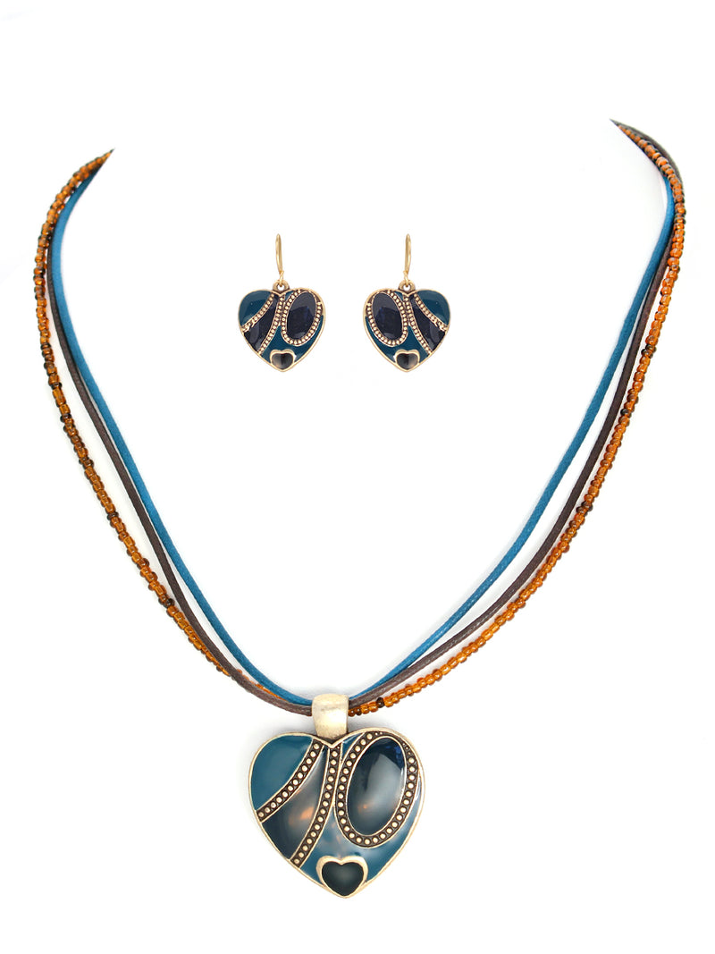 Turquoise and brown heart necklace and earring set