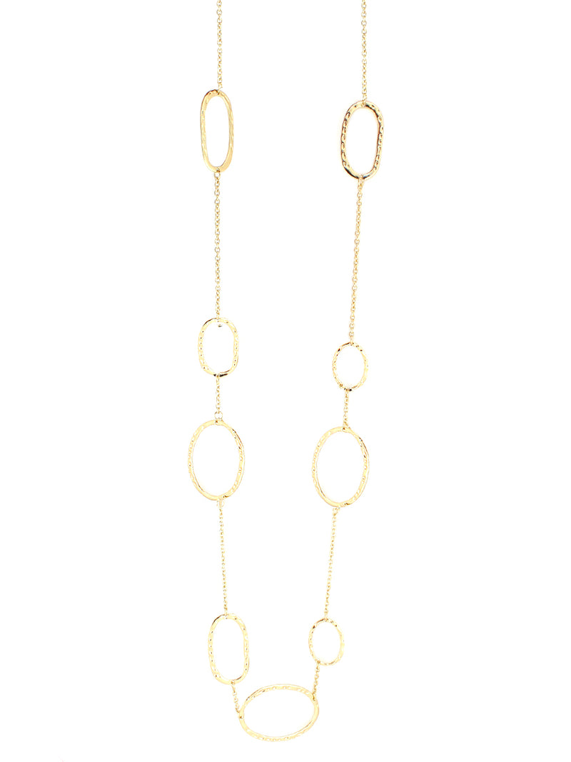 Gold Hammered Open Oval Linked Long Necklace