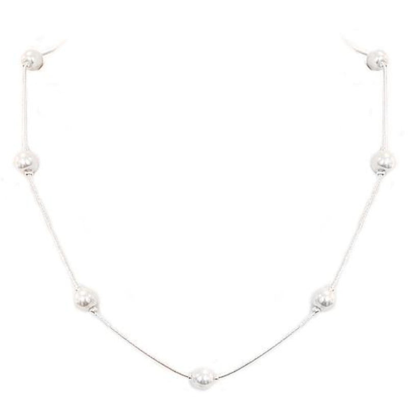 White Glass Pearl Bead Silver Necklace