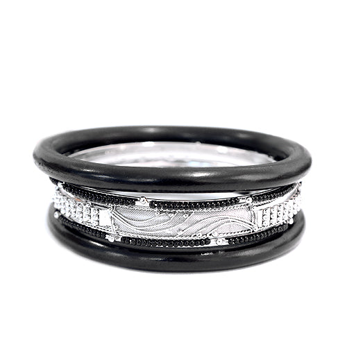 Black Seed beads Silver Bangles with Black Wood Set of 5pcs