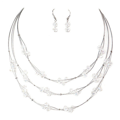Clear AB Beads with Three-Strand Silver Illusion Necklace and Earrings Set