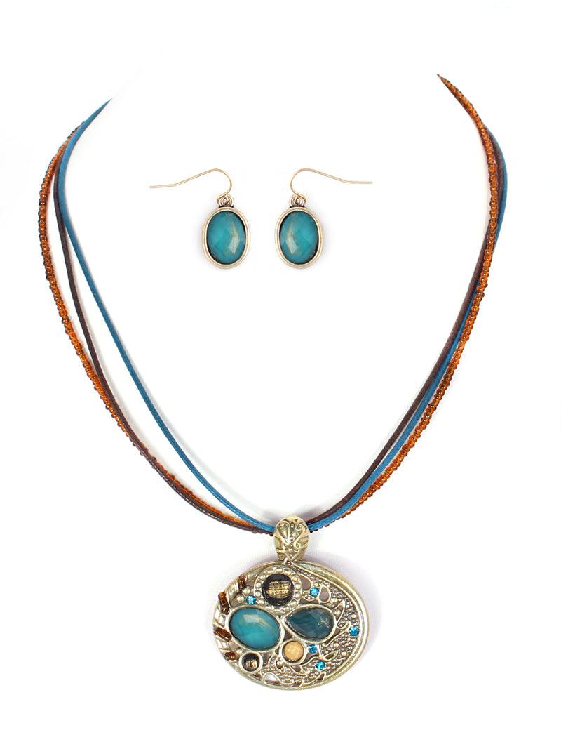 Fabulous Design Turquoise Stone with Gold Oval Shape Pendant with Waxed Cotton Cord Necklace and Earrings Set