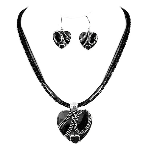 Black Heart Pendant Necklace and Earrings Set