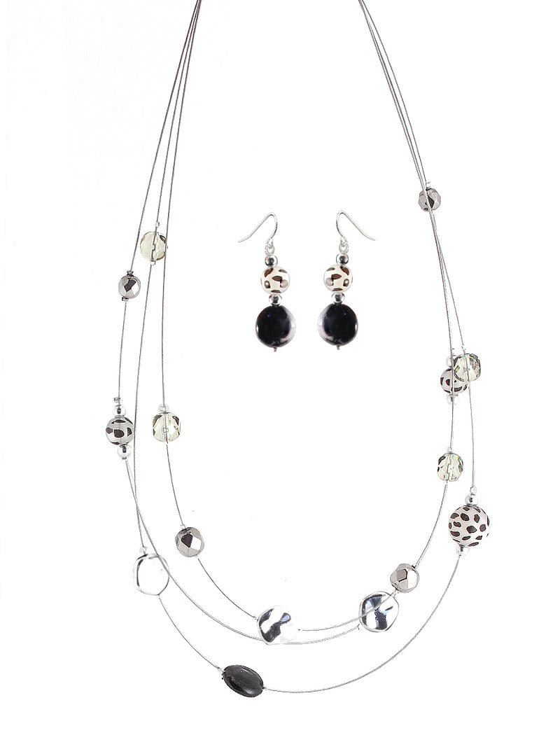 Black Animal Printed Bead with Multi Beads Silver Illusion Necklace and Earrings Set