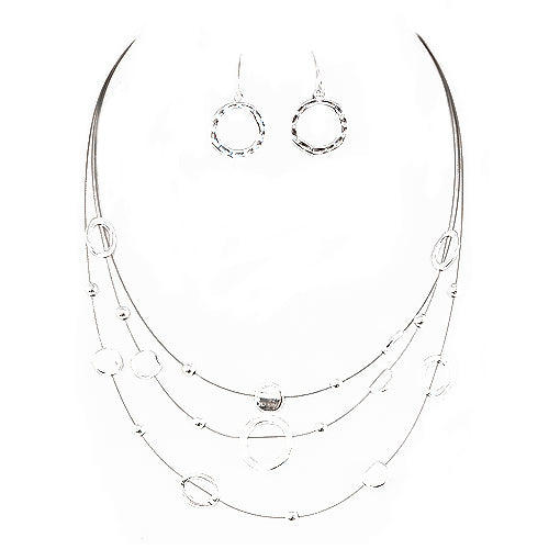 Silver Open Round Beads Three Strand Illusion Necklace and Earrings Set