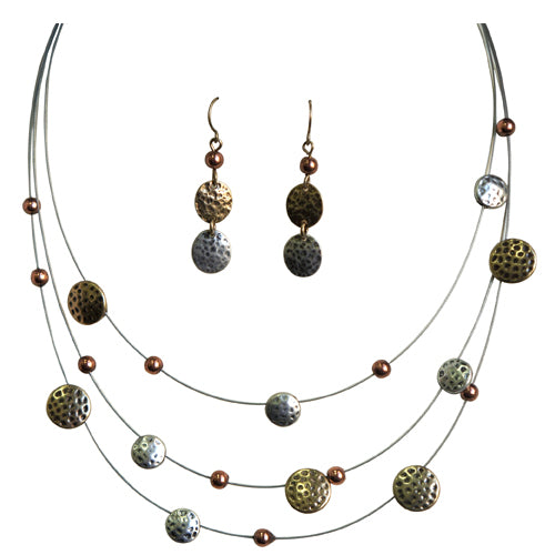 Gold and silver mini hammered illusion necklace and earring set