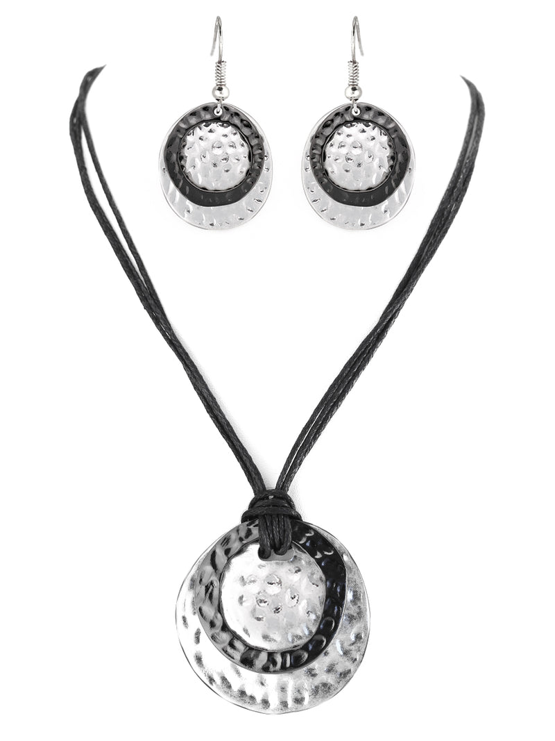Hematite and Silver Hammered Round Pendant with Cotton Cord Necklace and Earrings Set
