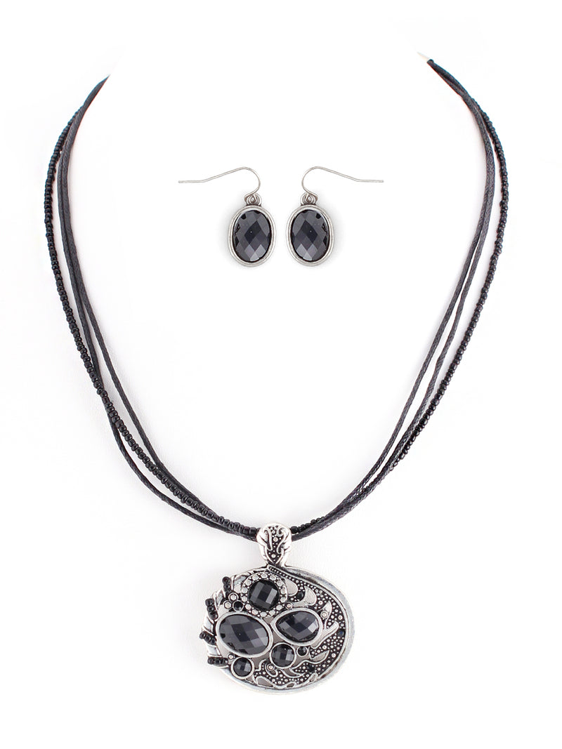 Fabulous Design Jet Stone with Silver Oval Shape Pendant with Waxed Cotton Cord Necklace and Earrings Set