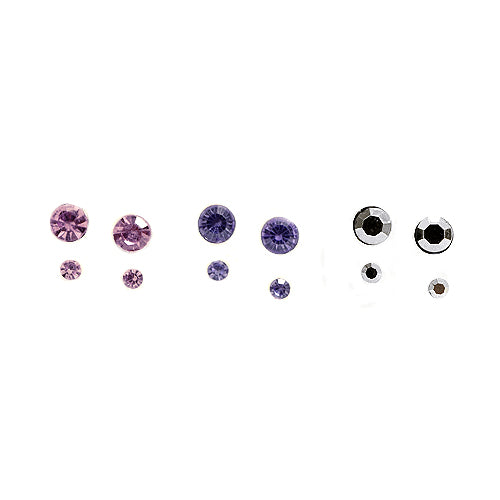 Pink Purple Hematite Round Glass Crystal Stud Earrings Set of 3pcs