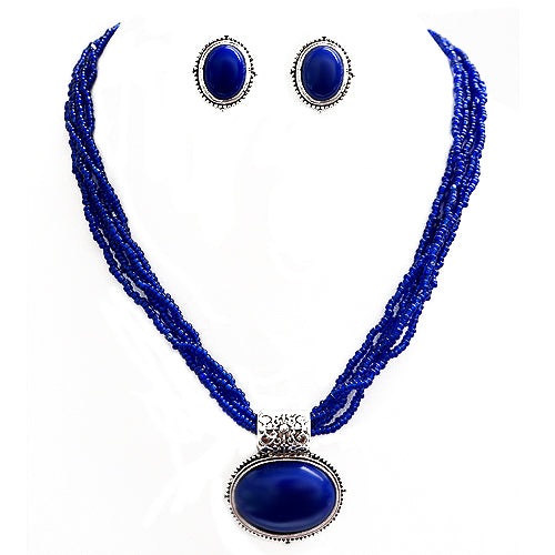 Royal Blue Pendant with Seed Bead Necklace and Earrings Set