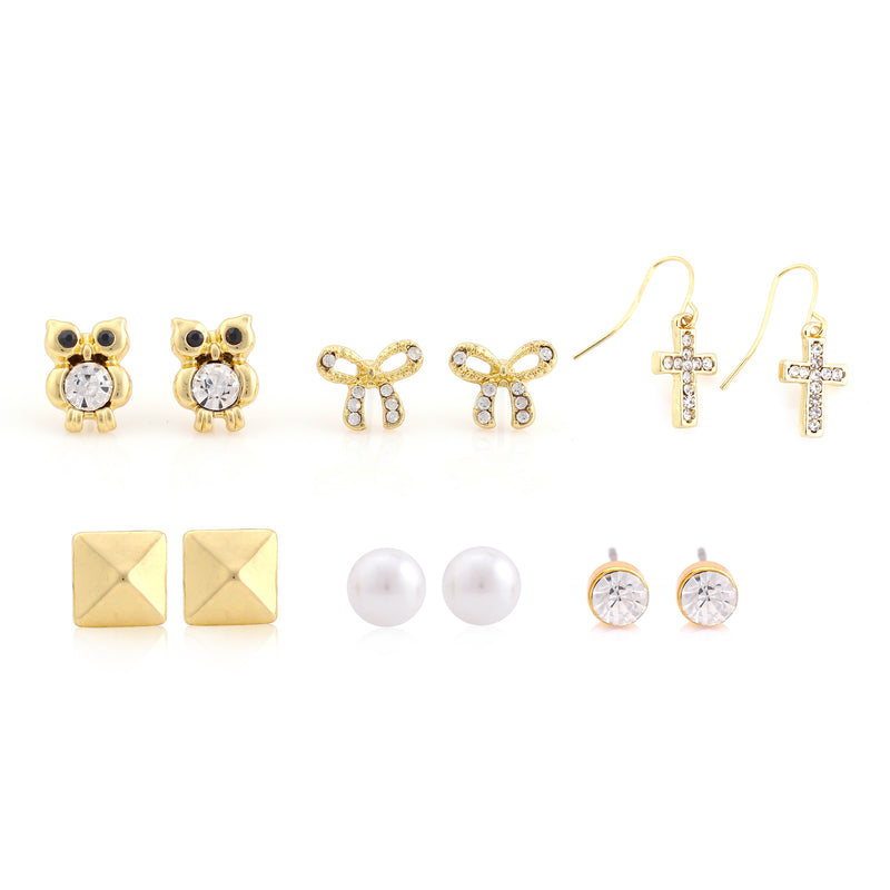 Gold-Tone Metal Crystal And Pearl Set Of 7 Stud Earrings