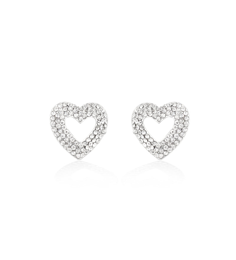 Silver-Tone Metal Heart Crystal Stud Earrings