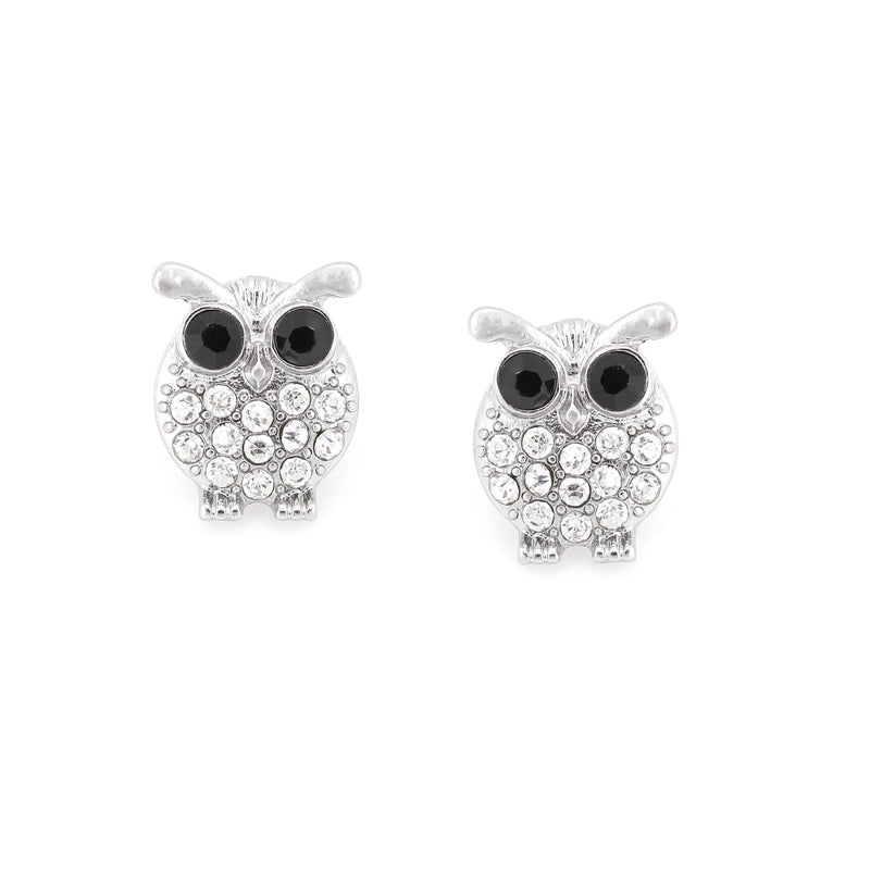 Silver-Tone Metal Owl Crystal Stud Earrings