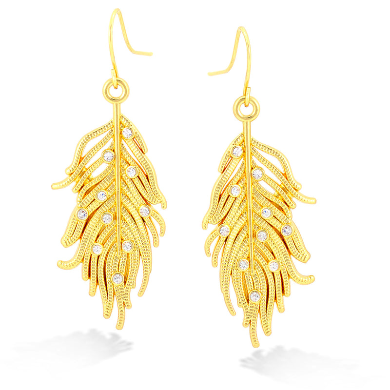 Gold-Tone Metal Feather Crystal Earrings