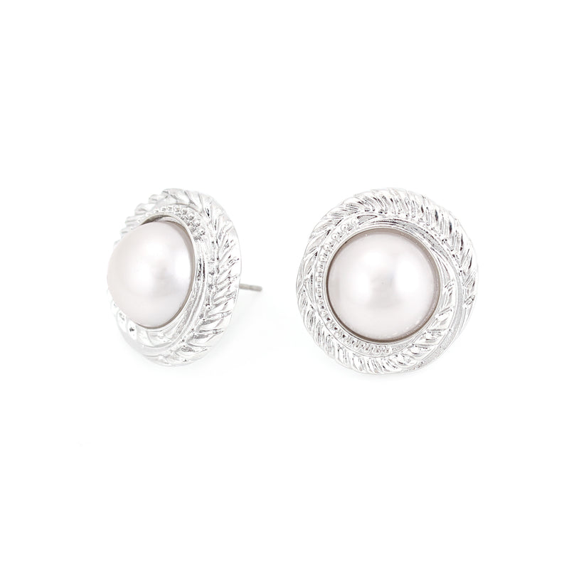 Silver-Tone Metal Pearl Stud Earrings