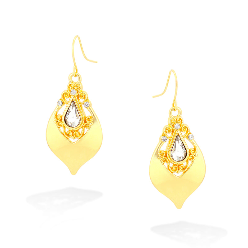 Gold-Tone Metal White Crystal Teardrop Earrings