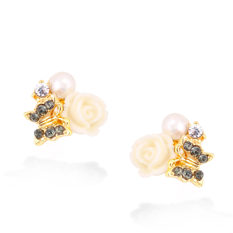 Gold-Tone Metal Butterfly And Flower Crystal Stud Earrings