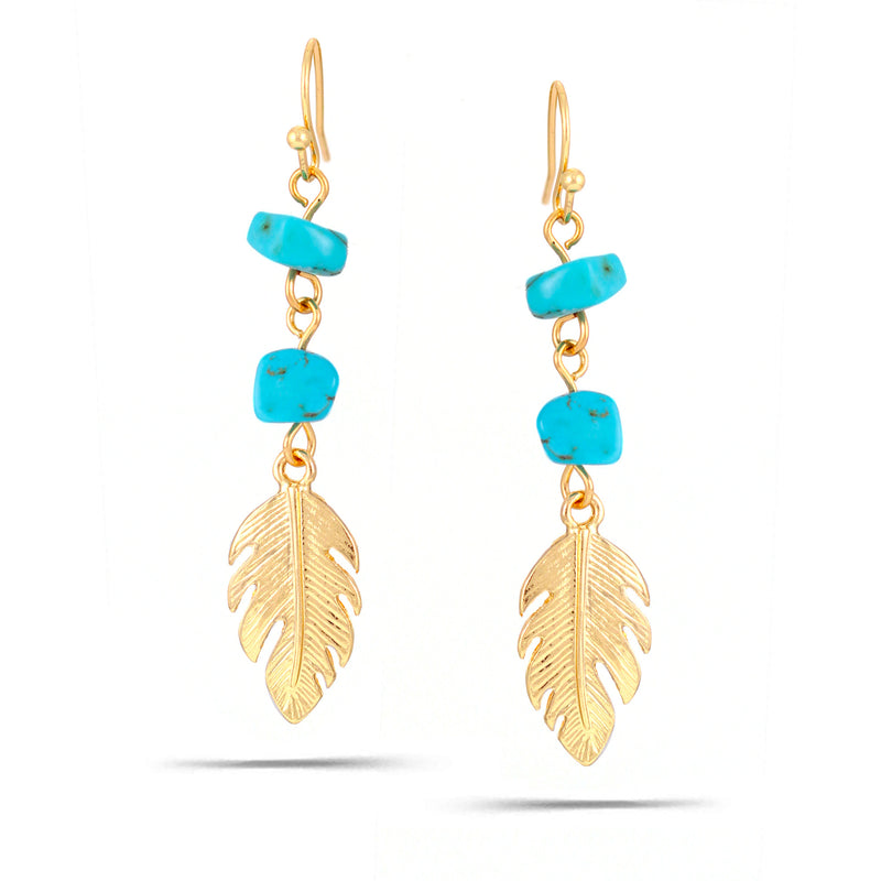 Gold-Tone Metal Feather Turquoise Drop Earrings