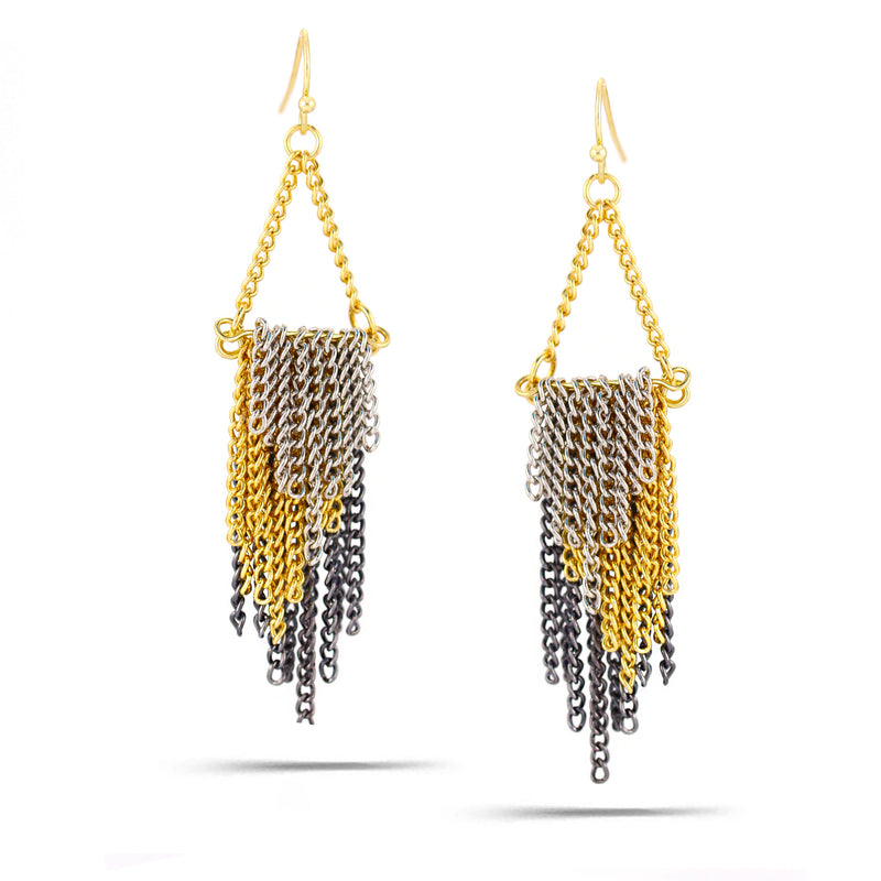 Gold-Silver-Black-Tone Metal Chains Tassel Earrings