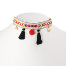 Gold Charm Black Tassel Adjustable Length Choker Necklace