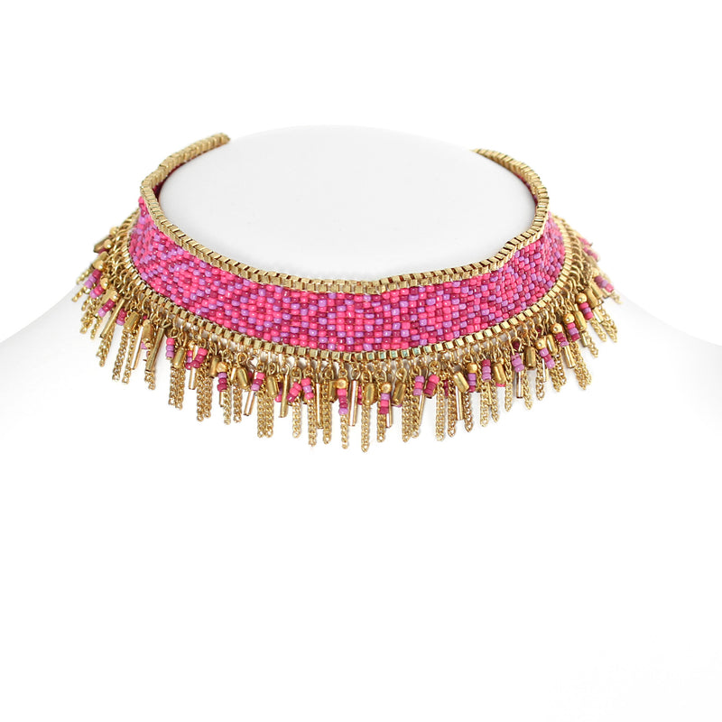 Pink Seed Beads Gold Tassel Adjustable Length Choker Necklace