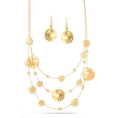 Gold 3 row Gold wire with hammered round disc necklace and earrings set