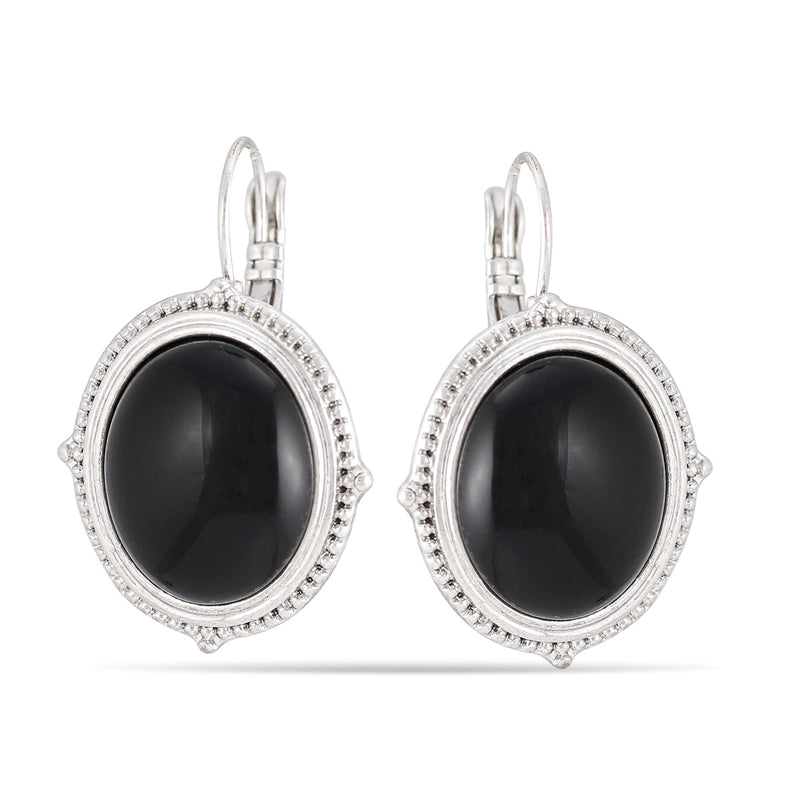 Silver-Tone Metal Black Oval Drop Earrings