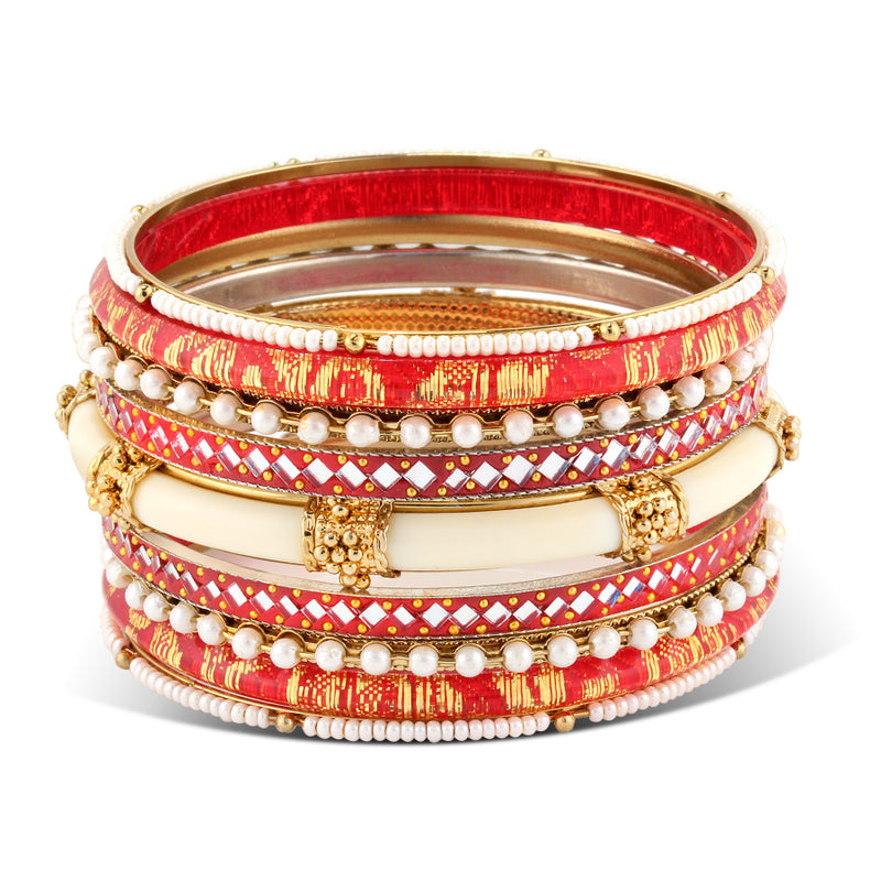 RED AND IVORY RESIN ETHNIC BANGLES SET OF 9 PCS