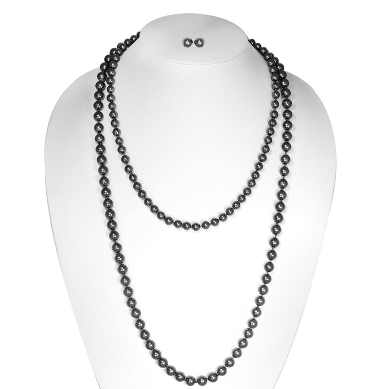 Hematite Graduated Size Beads Long Necklace And Earrings Set