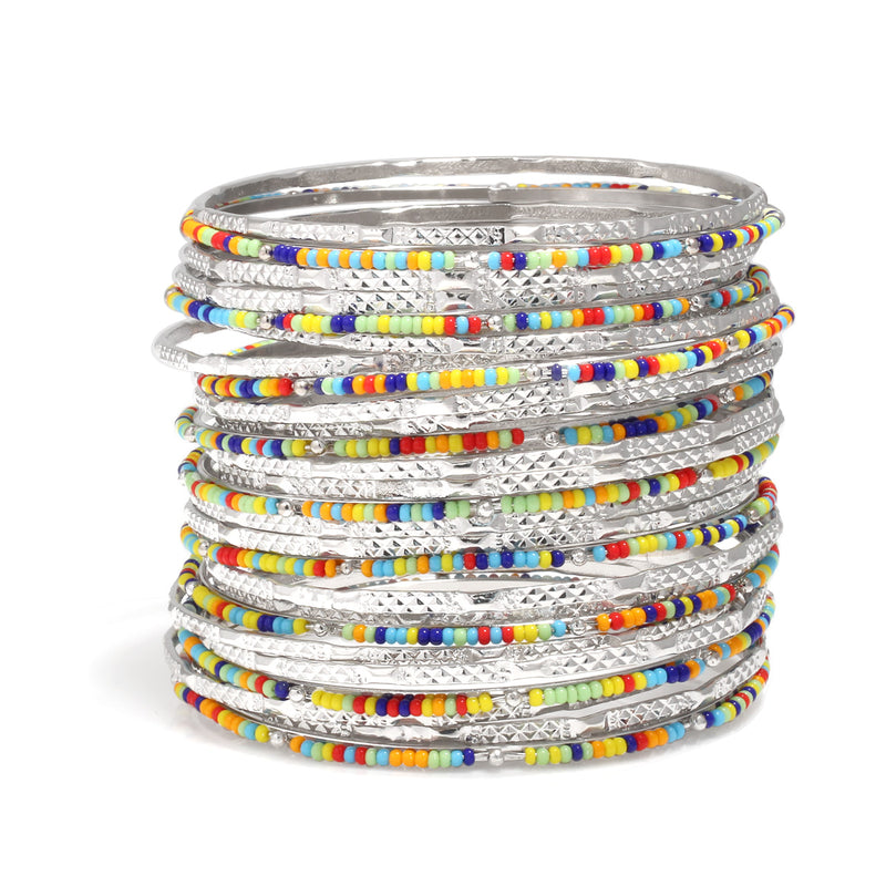 Silver And  Multicolor Beads 27 Pcs Bangle Set