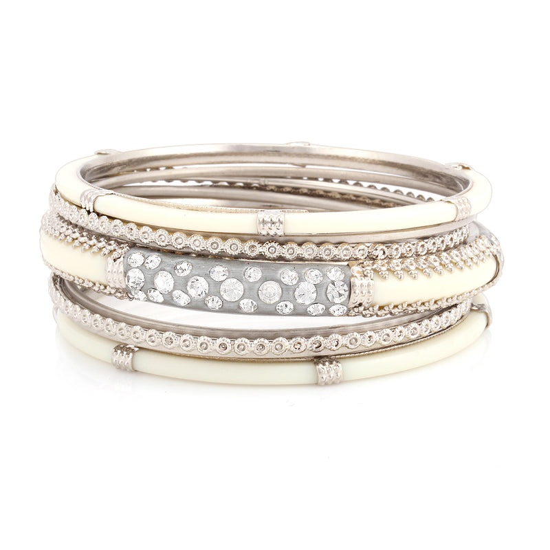 Grey And Cream  Crystal Set Of 9 Bangles