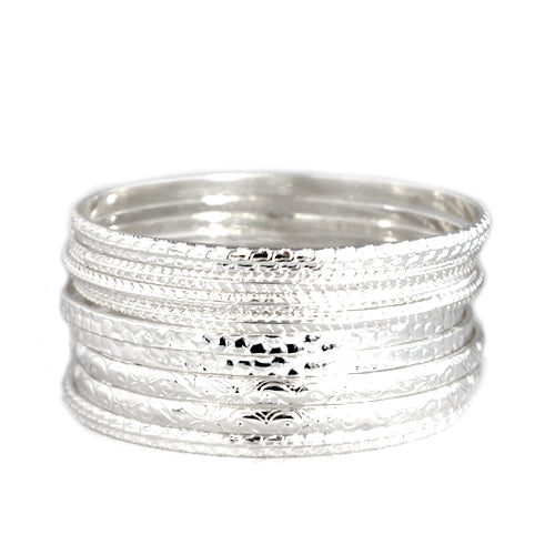 Flower Pattern with Silver Textured Bangles Set of 9pcs