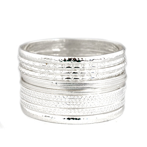Silver Hammered with Textured Bangles Set of 11pcs