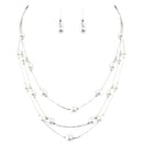 White Glass Pearl with Silver Three-Strand Necklace and Earrings Set 
