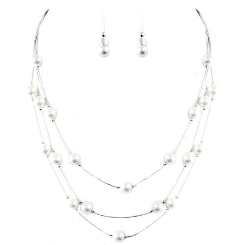 White Glass Pearl with Silver Three-Strand Necklace and Earrings Set 