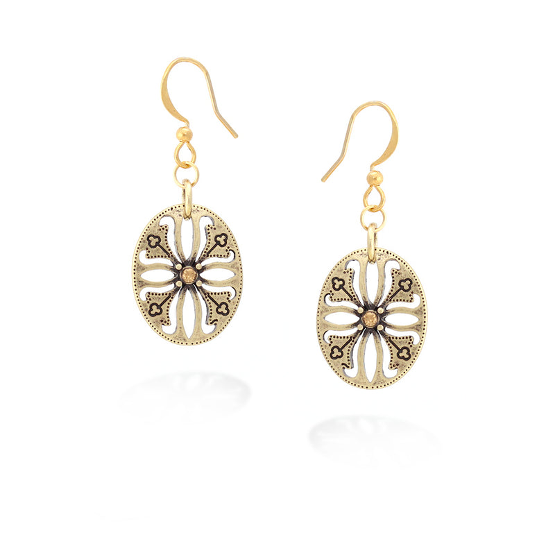 Gold-Tone Antique And Champagne Crystal Cross Hollow Earrings