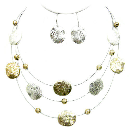 2TONE-SILVER Silver and Gold Brushed Illusion Necklace and Silver Earrings Set     