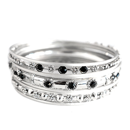 SILVER-BLACK [PLUS SIZE] SILVER WITH BLACK RHINESTONE BANGLES SET OF 9 PCS