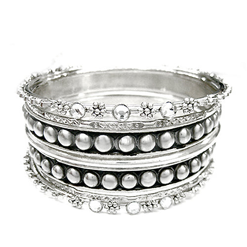 SILVER [PLUS SIZE]SILVER METAL AND RHINESTONE STUDDED BANGLES SET OF 6 PCS