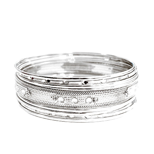Textured with Rhinestone Silver Bangles Set of 9pcs