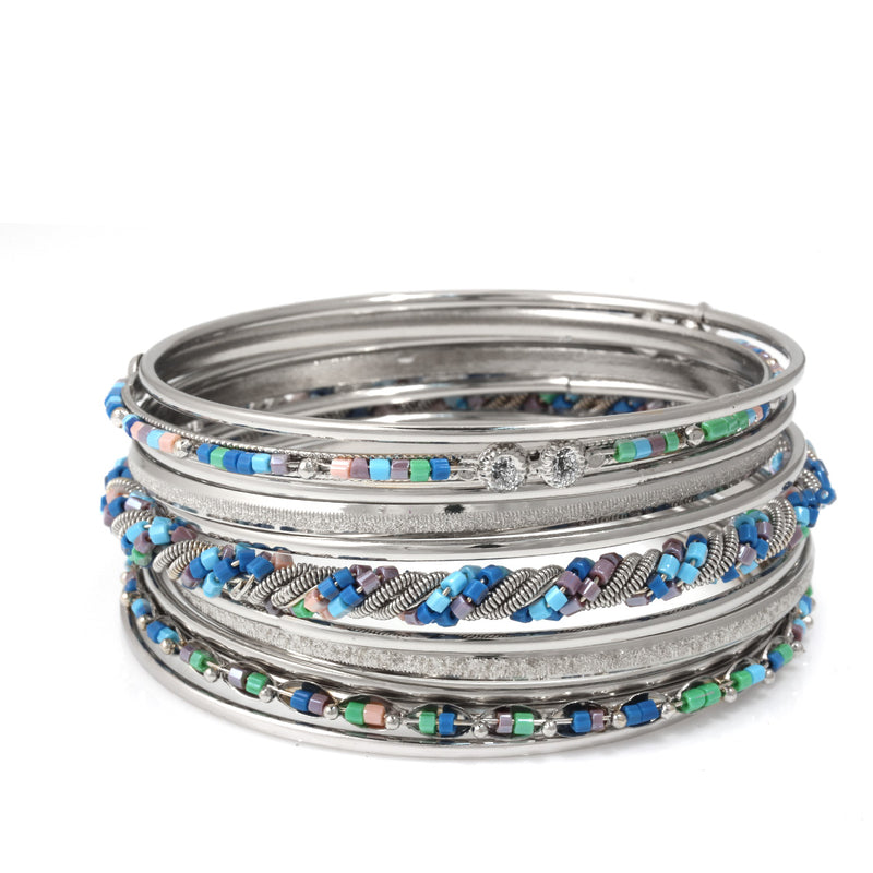 Silver Multicolor Beads 11 Pcs Crystal Bangle Set