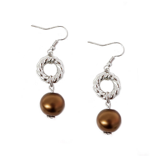 Brown Glass Pearl with Silver Twisted Round Earrings
