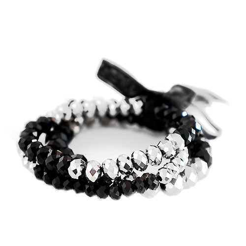 Jet and Silver Mixed Glass Crystal with Black Bow Stretch Bracelet Set of 3pcs