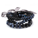 HEMATITE-BLACK MIXED GLASS CRYSTAL WITH BLACK BOW STRETCH BRACELET SET OF 3PCS