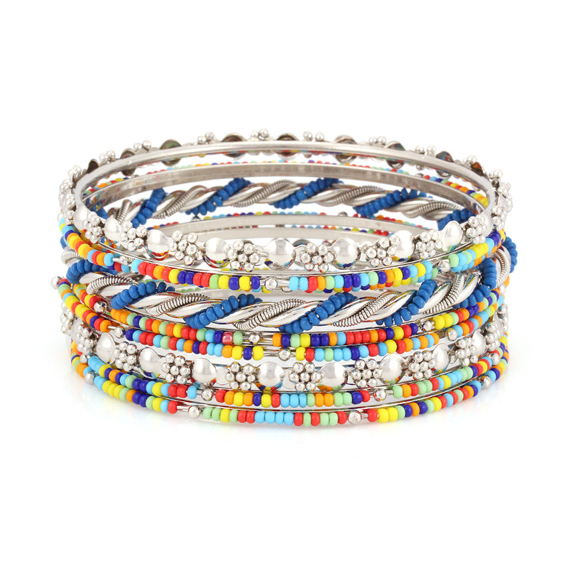Silver-Tone Multicolor Beads Set Of 9 Bangles