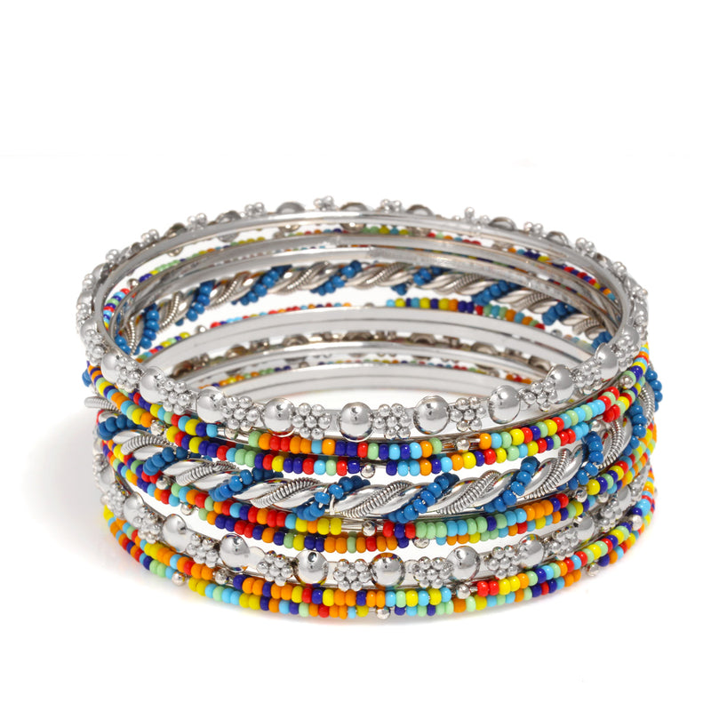 Silver And Multicolor Beads 9 Pcs Plus Size Bangle Set